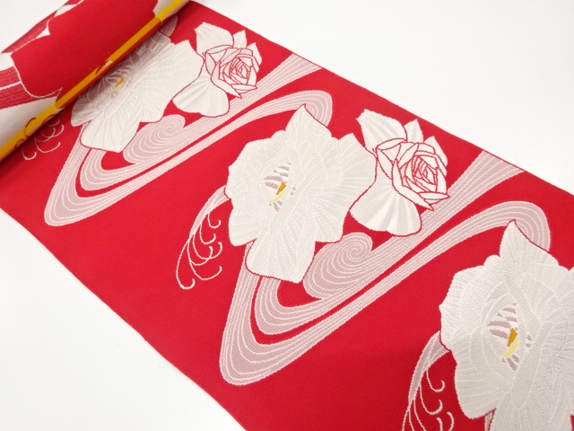 アンティーク　流水に薔薇模様織り出し　八寸帯地反物